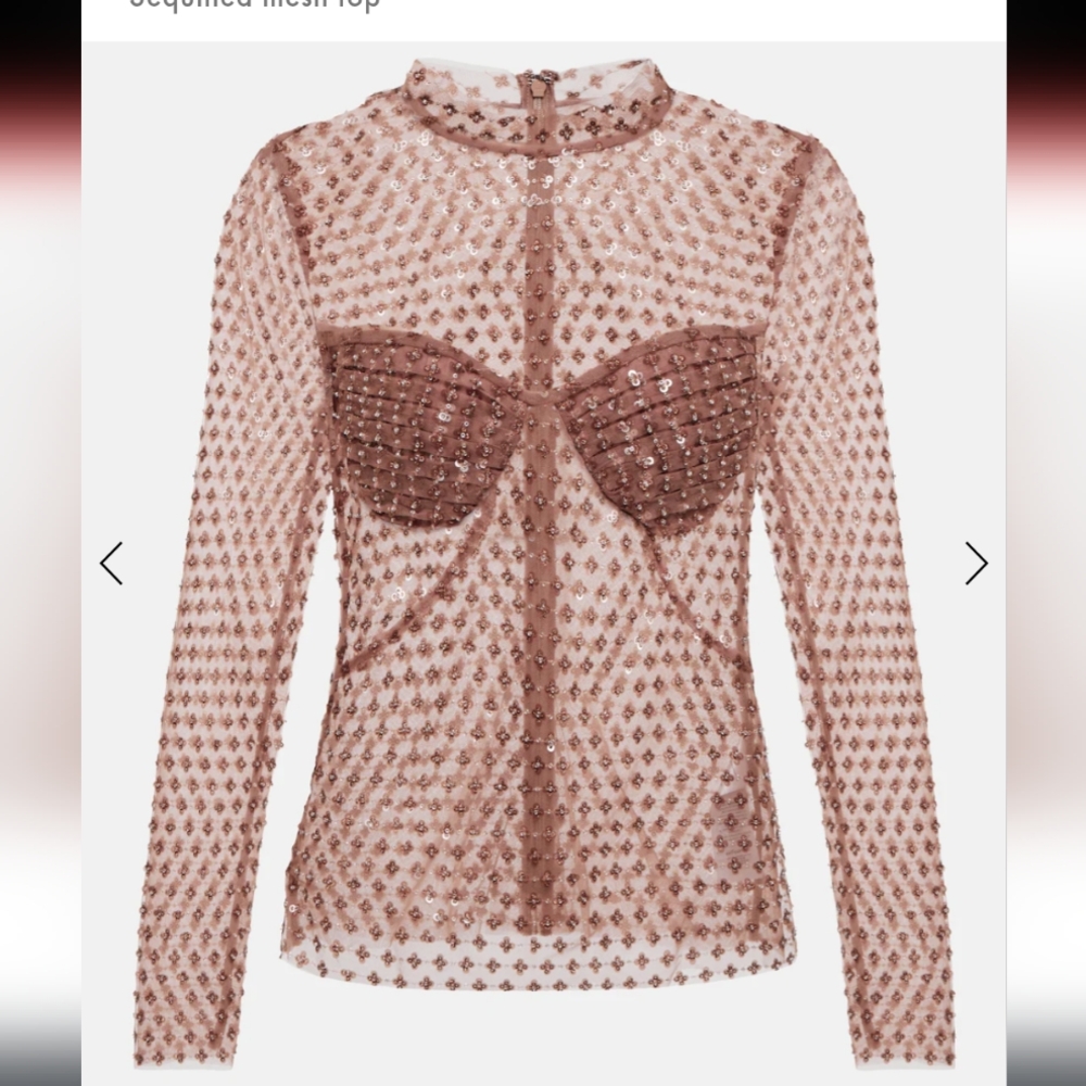 Self-Portrait Rose Pink Sequin Mesh Long-Sleeve Top